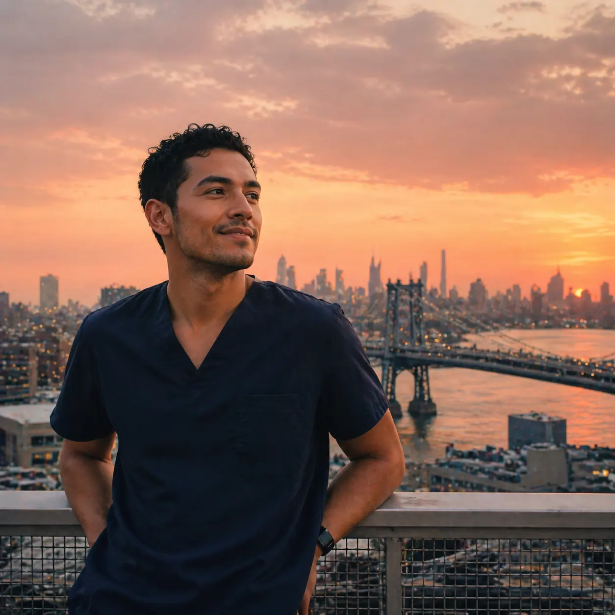 Male nurse in navy scrubs at golden hour with NYC skyline and Williamsburg Bridge